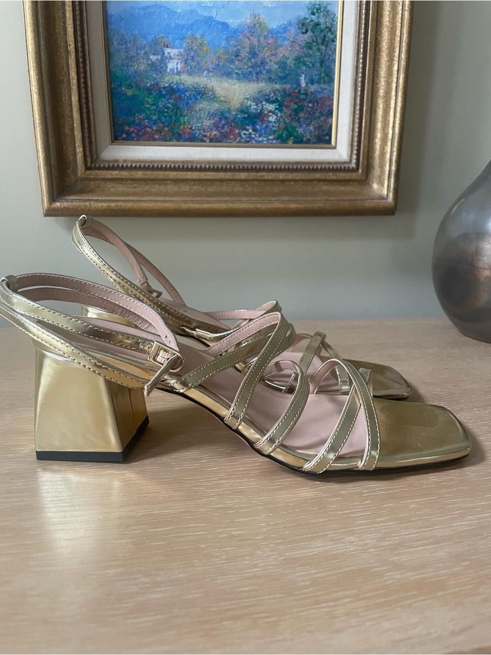 J. Crew Metallic Gold Strappy Block Heel Sandals